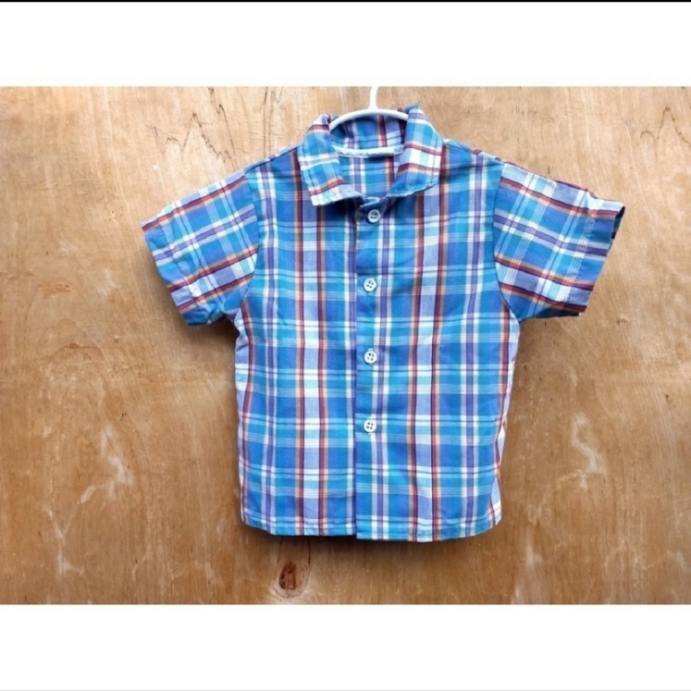 3/$25 Vintage Carter's blue teal plaid button up short sleeve shirt 4T toddler